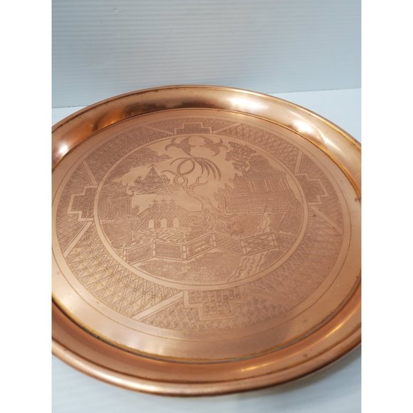 Vintage asian copper Tray | Heavy | Etched Floral Pattern | Birds | Geis… - Picture 2 of 10